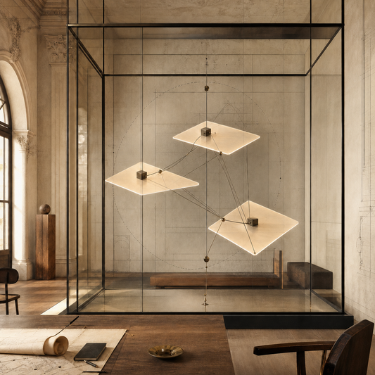 Illuminated planes within a classical architectural space.